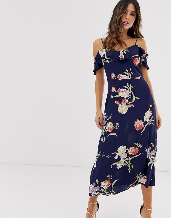 Warehouse Midi Dress With Draped Sleeves In Blue Floral - Blue