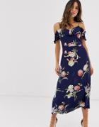 Warehouse Midi Dress With Draped Sleeves In Blue Floral - Blue