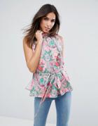 Asos Floral High Neck Top Eyelet Detail Tie Waist - Multi
