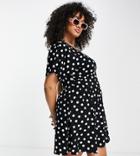 Asos Design Curve Waisted Mini Tea Dress With Buttons In Monochrome Spot-multi