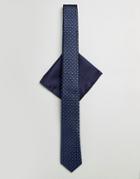 Moss London Wedding Tie & Pocket Square In Navy With Geometric Print - Blue