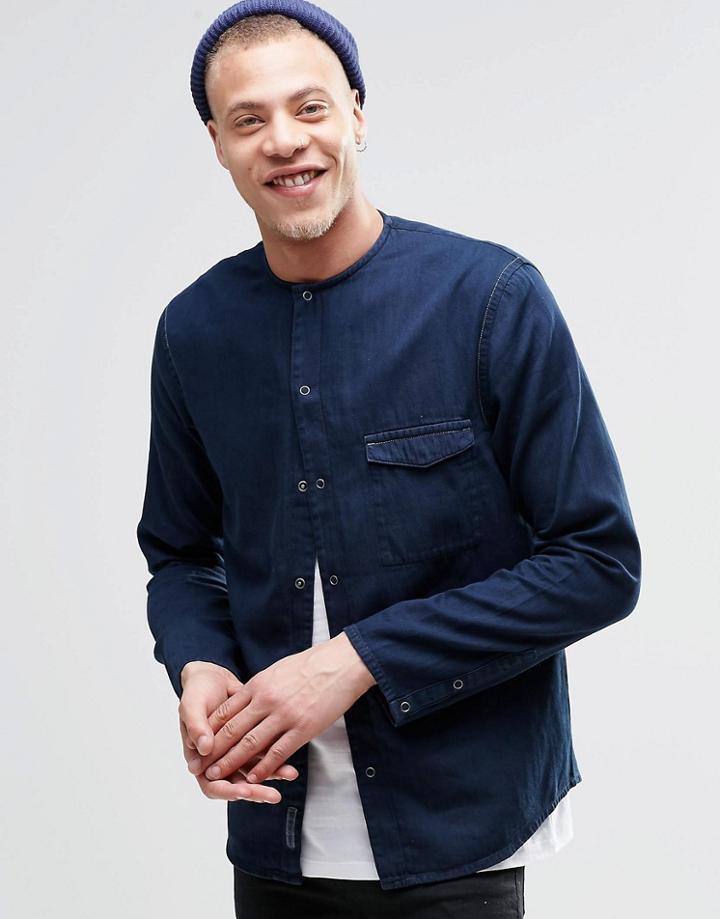 Cheap Monday Erase Denim Shirt Collarless - Blue