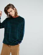 Asos Oversized Long Sleeve Stripe T-shirt In Navy Velour With Contrast Trim - Navy