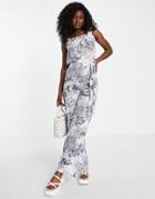 Jdy Wide Leg Jumpsuit In Blue Abstract Floral-white