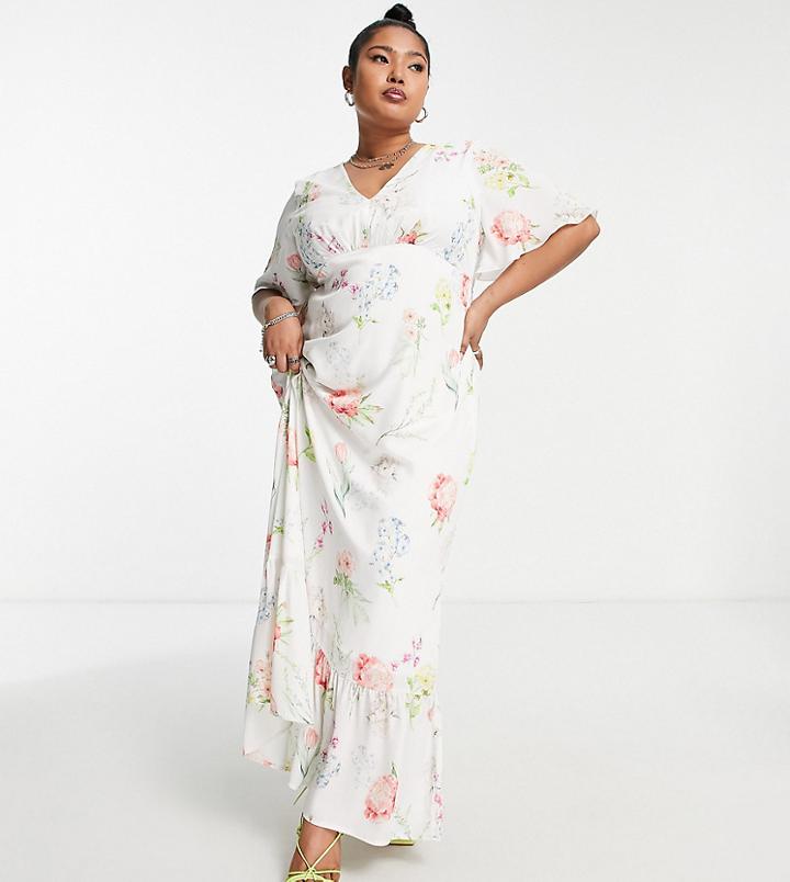 Twisted Wunder Plus Flutter Sleeve Maxi Tea Dress In Botanical Floral-white