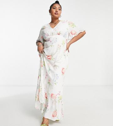 Twisted Wunder Plus Flutter Sleeve Maxi Tea Dress In Botanical Floral-white