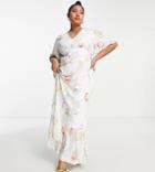 Twisted Wunder Plus Flutter Sleeve Maxi Tea Dress In Botanical Floral-white