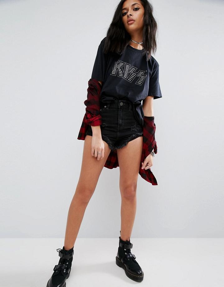 Asos Denim Shorts With Shredded Rips In Washed Black - Black
