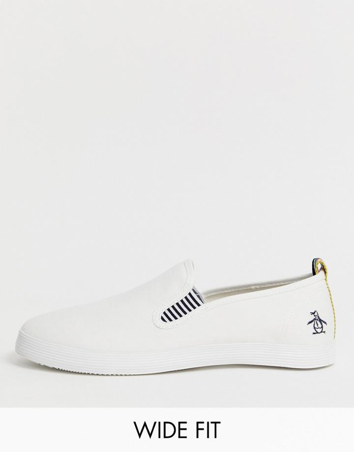 Original Penguin Wide Fit Side Stripe Canvas Plimsolls In White