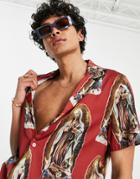 Asos Design Regular Deep Revere Satin Shirt In Renaissance Print-red