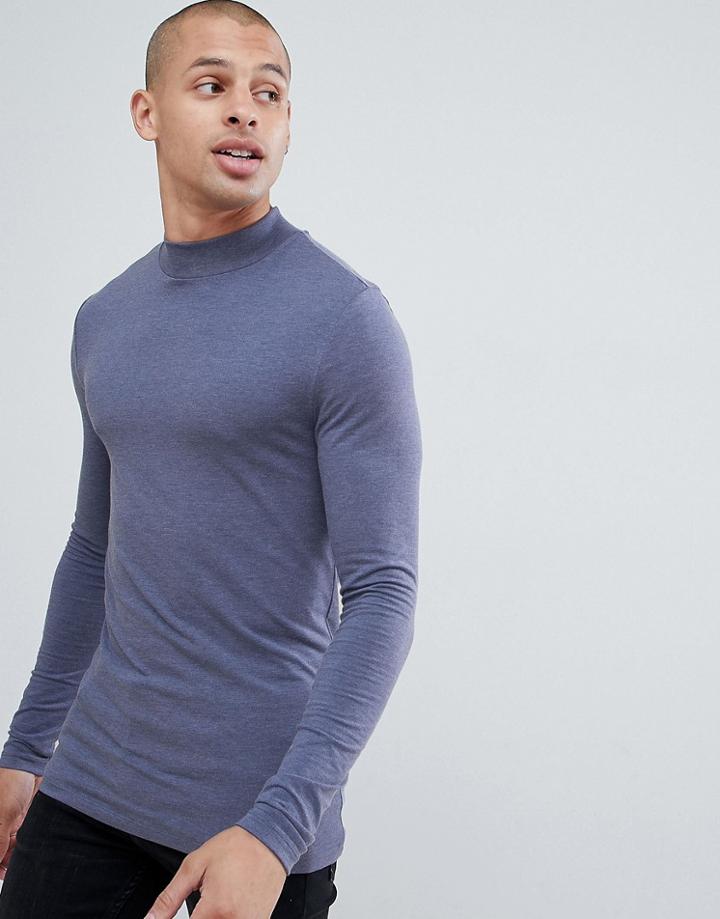 Asos Design Muscle Fit Long Sleeve T-shirt With Turtleneck In Blue - Blue