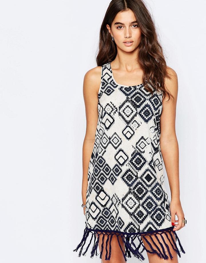 Band Of Gypsies Shift Dress With Fringe Hem - White