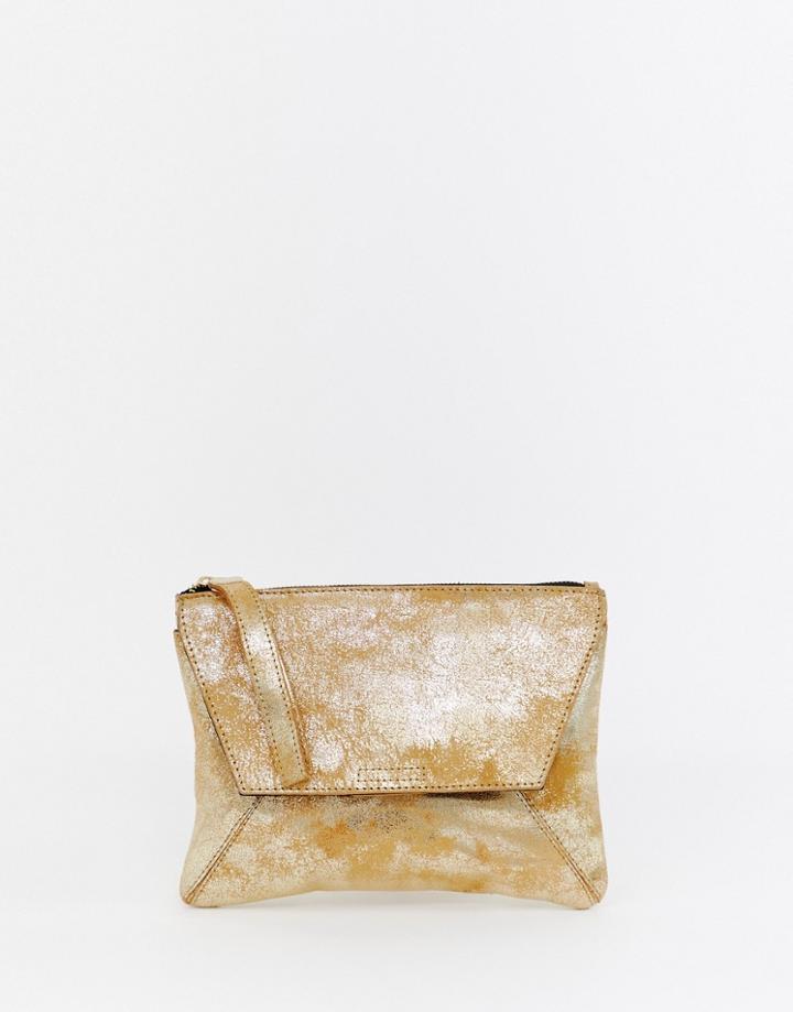 Urbancode Metallic Gold Real Leather Clutch With Wrist Strap - Gold