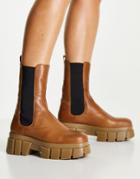 Asos Design Adjust Premium Leather Chunky Chelsea Boots In Tan-brown