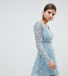 Boohoo Crochet Lace Long Sleeve Skater Dress - Blue