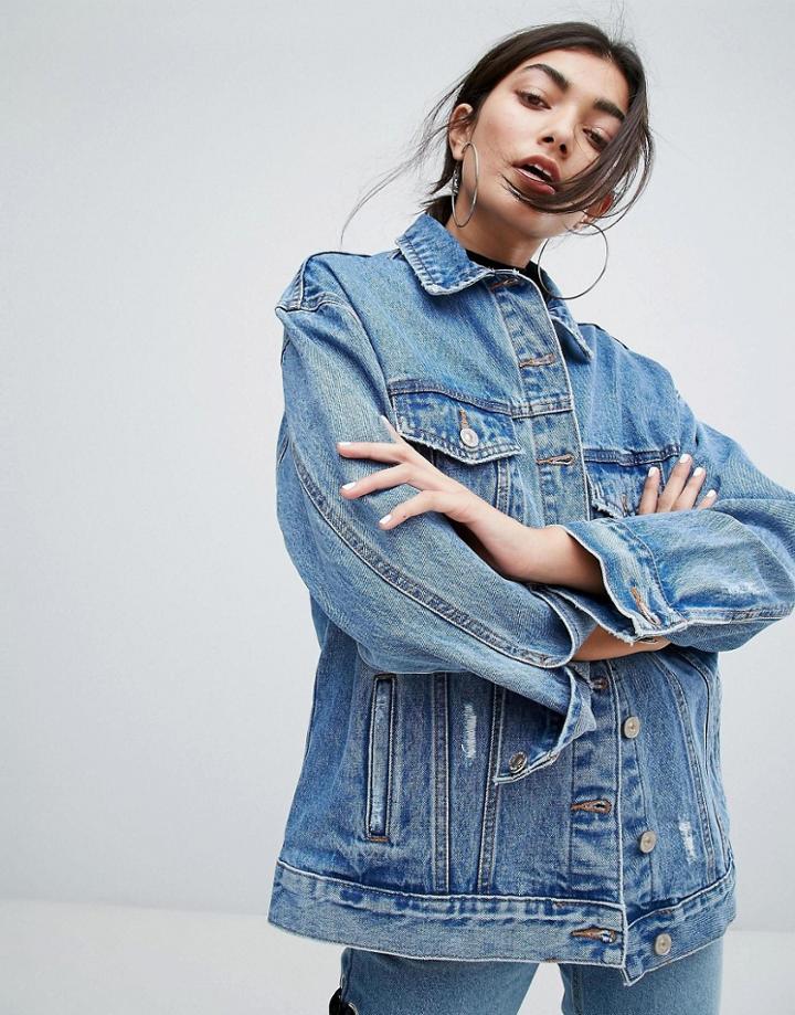 Bershka Oversized Distressed Denim Jacket - Blue