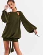Asos Design Mini Dress In Satin With Cut Outs And Blouson Hem