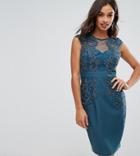 Little Mistress Petite Bodycon Dress With Embroidered And Mesh Yoke - Green