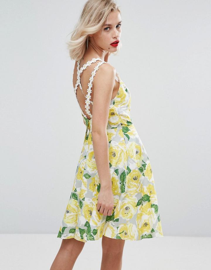 Horrockses Skater Cotton Mini Dress With Daisy Trim In Yellow Floral - Multi