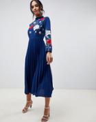 Asos Design Pleated High Neck Midi Dress With Embroidery - Navy