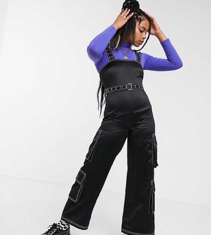 Collusion Belted Satin Jumpsuit In Black