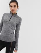 Prettylittlething Gym Top With Zip Detail In Gray Marl - Black