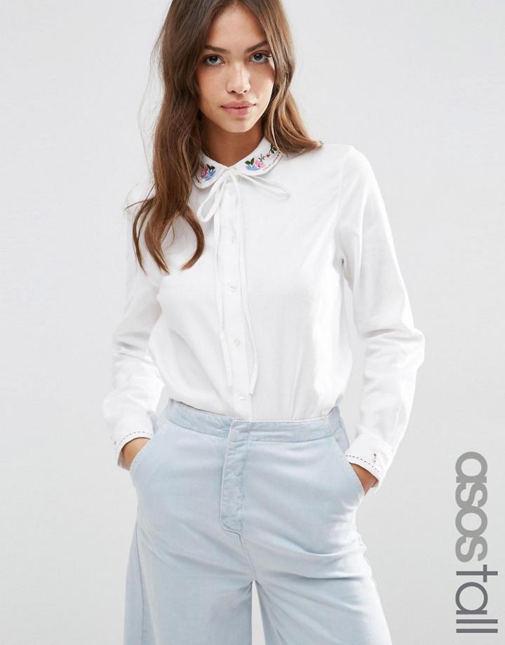 Asos Tall Embroidered Collar Casual Pussy Bow Shirt - White