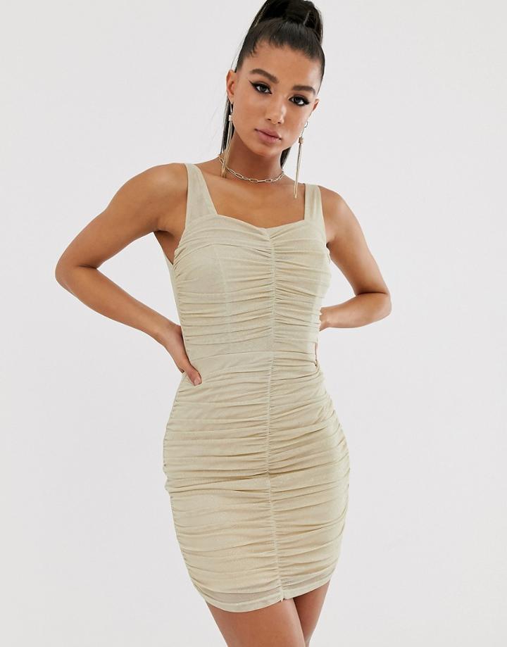 Tfnc Shimmer Mesh Ruched Mini Dress In Light Gold