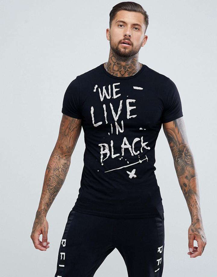 Religion Muscle Fit T-shirt With 'we Live In Black' Print - Black