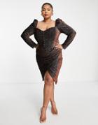 Lavish Alice Plus Diamante Velvet Puff Sleeve Midi Dress In Chocolate Brown