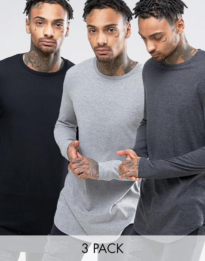 Asos 3 Pack Super Longline T-shirt In Gray Marl/charcoal Marl/black With Curved Hem Save - Multi