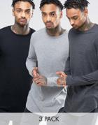 Asos 3 Pack Super Longline T-shirt In Gray Marl/charcoal Marl/black With Curved Hem Save - Multi