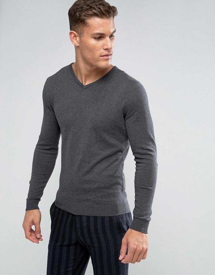 Selected Homme V Neck Knit In Cotton Silk - Gray