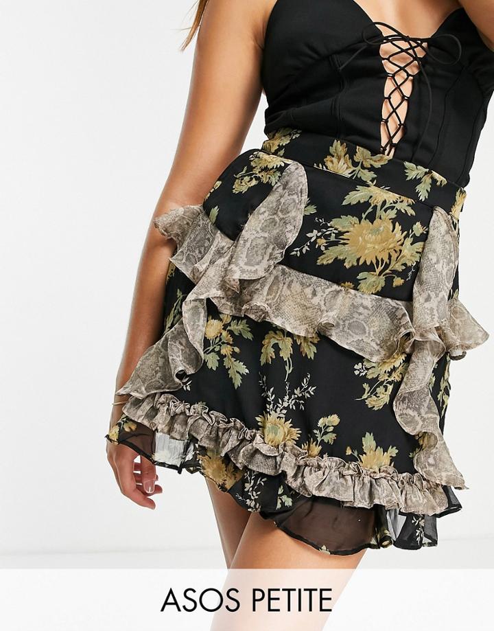 Asos Design Petite Mini Skirt With Ruffle Detail In Snake And Floral Print-multi