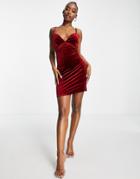 Asos Design Velvet Mini Dress With Mesh Cut-outs In Berry-red