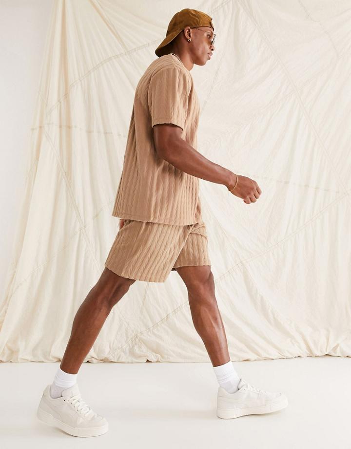 Asos Design Relaxed Short In Beige Textured Stripe - Part Of A Set-neutral