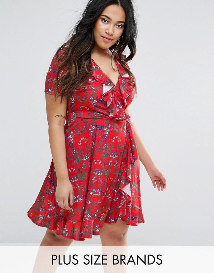 Club L Plus Tea Dress With Frills In Floral Print - Red