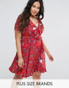 Club L Plus Tea Dress With Frills In Floral Print - Red