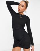 Asos Design Long Sleeve Ribbed Mini Dress With Wrap Front Detail In Black