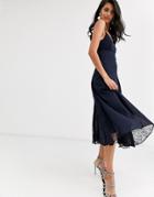 Asos Design Cami Midi Dress With Lace Insert Godets-navy