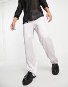 Asos Design Satin Wrap Detailing Wide Leg Suit Pants In Silver