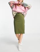 Pieces Falon Jersey Midi Skirt In Moss Green