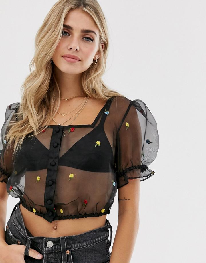 Asos Design Cropped Sheer Top With Floral Embroidery-white