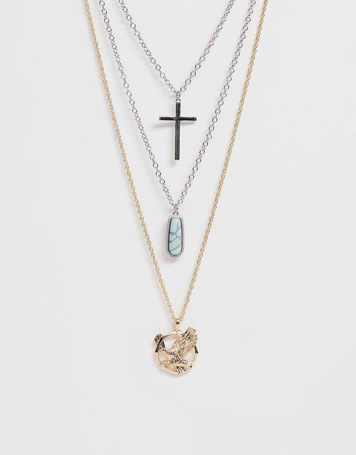 Sacred Hawk Multi Chain Necklace In Silver - Silver