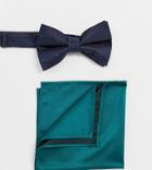 Asos Design Navy Polka Dot Bow Tie & Green Pocket Square