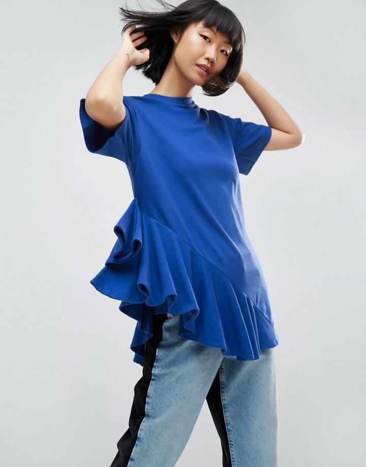 Asos White Asymmetric Frill Top - Blue