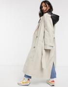 Asos Design Trench Coat With Detachable Leather Look Hood In Stone-neutral