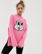 Lazy Oaf Oversized Sweater With Roll Neck And Rabbit Knit - Pink