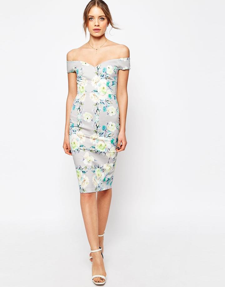 Asos Bardot Off The Shoulder Hitchcock Pencil Dress In Gray And Lime Floral - Multi
