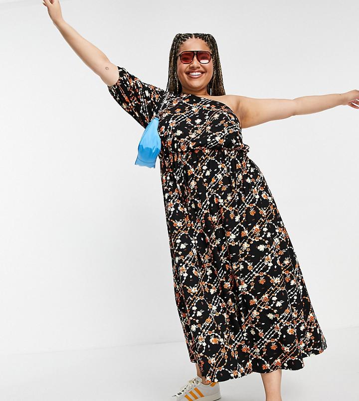 Asos Design Curve One Shoulder Tiered Maxi Dress In Floral 70s Print-multi